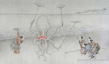 School of Yoshitoshi, An Octopus Juggling on a Beach, ink and colour on silk